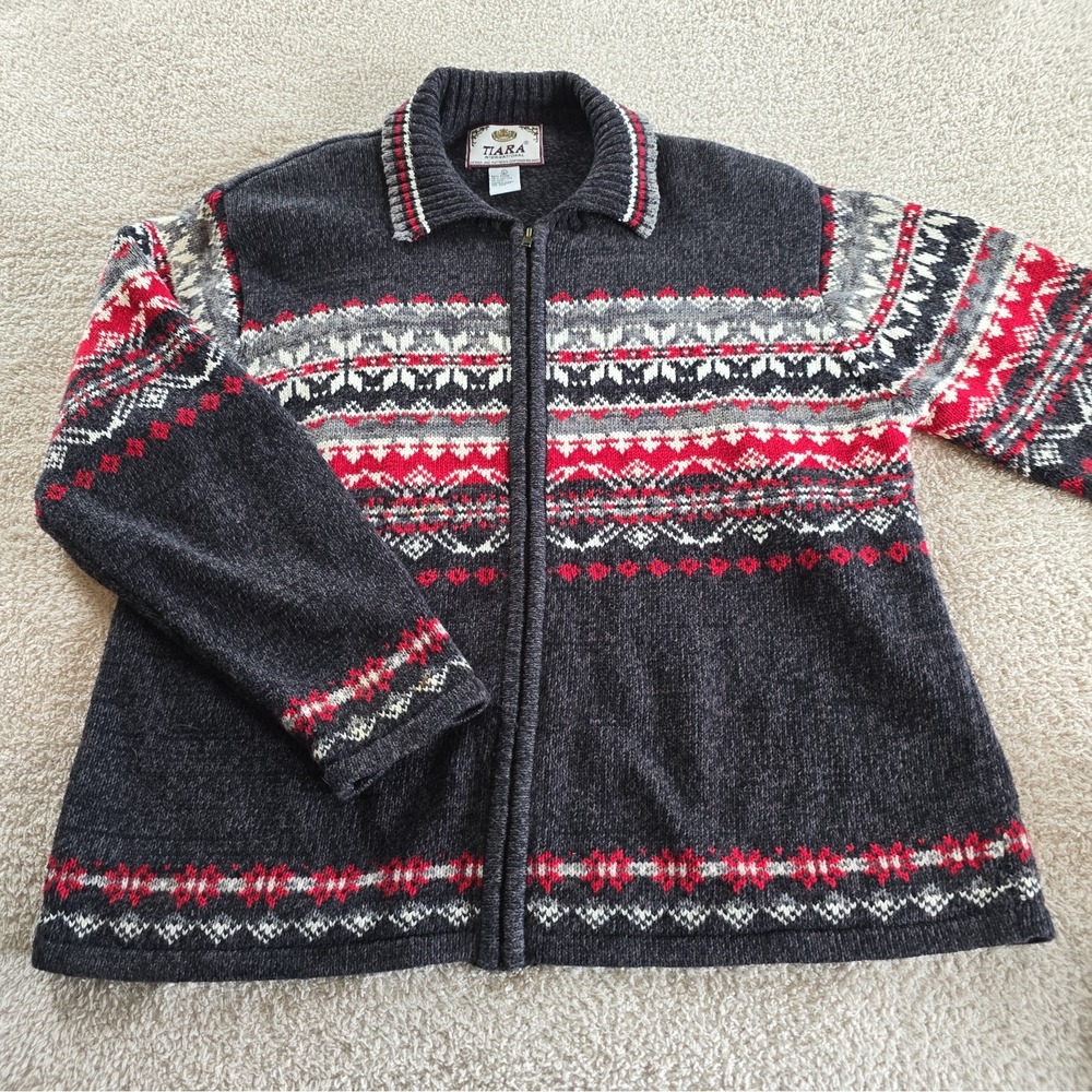 Vtg Tiara International Full-zip Fair Isle Cardigan Sweater L Nordic Red/black L